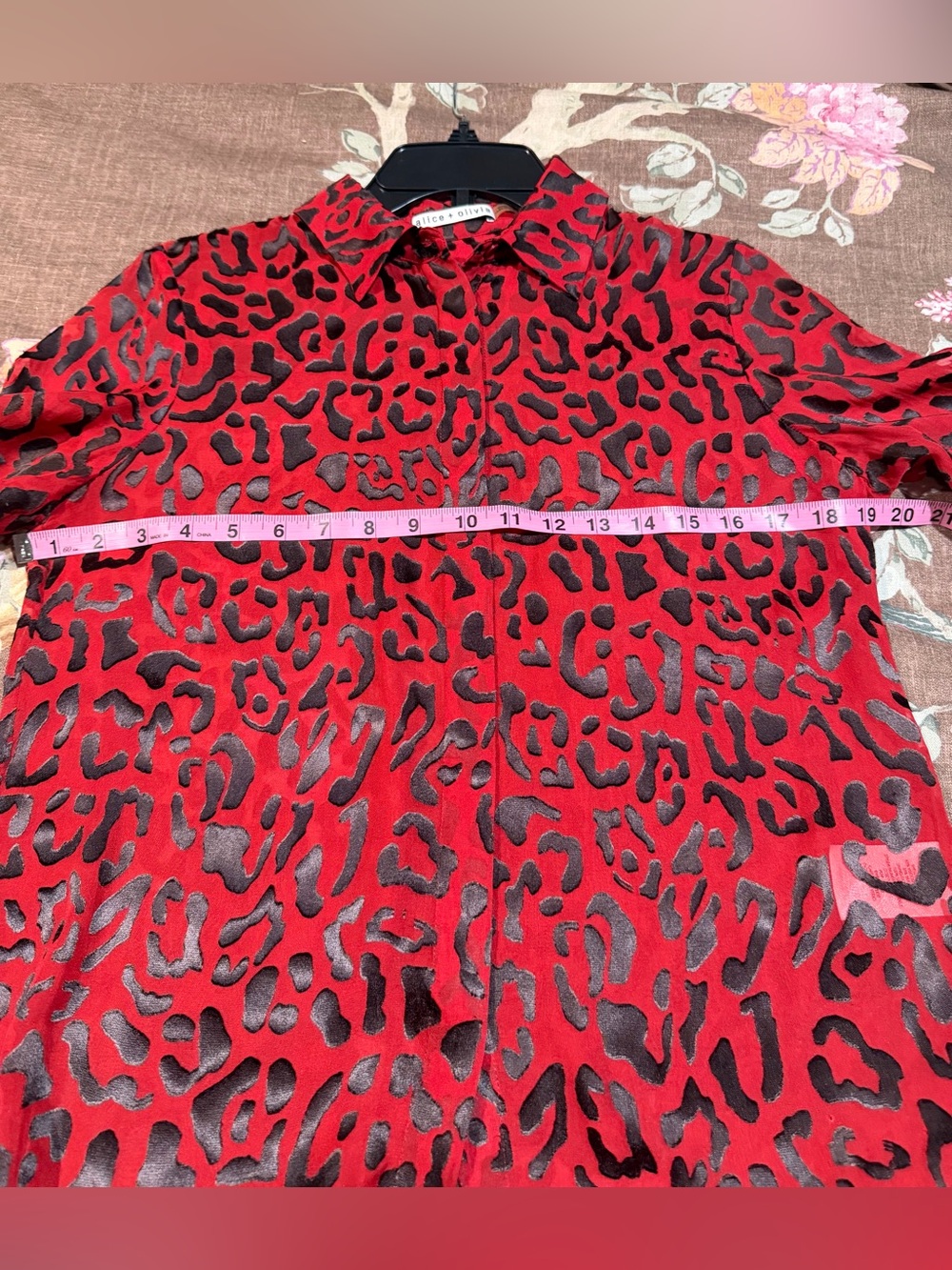 Alice + Olivia Red & Black Leopard Print Silk Blouse - Picture 4 of 6
